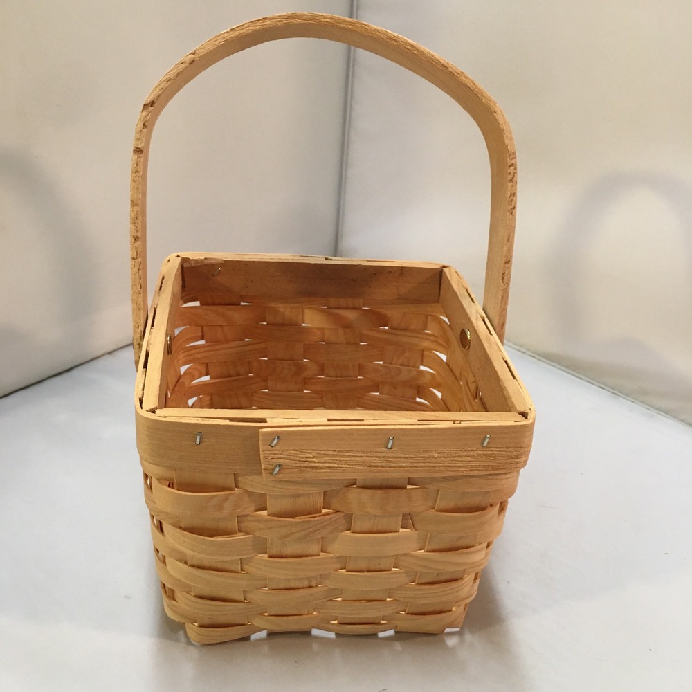 Woven Wood Splint Basket Unisex Small Natural Square Swing Handle Cottagecore
